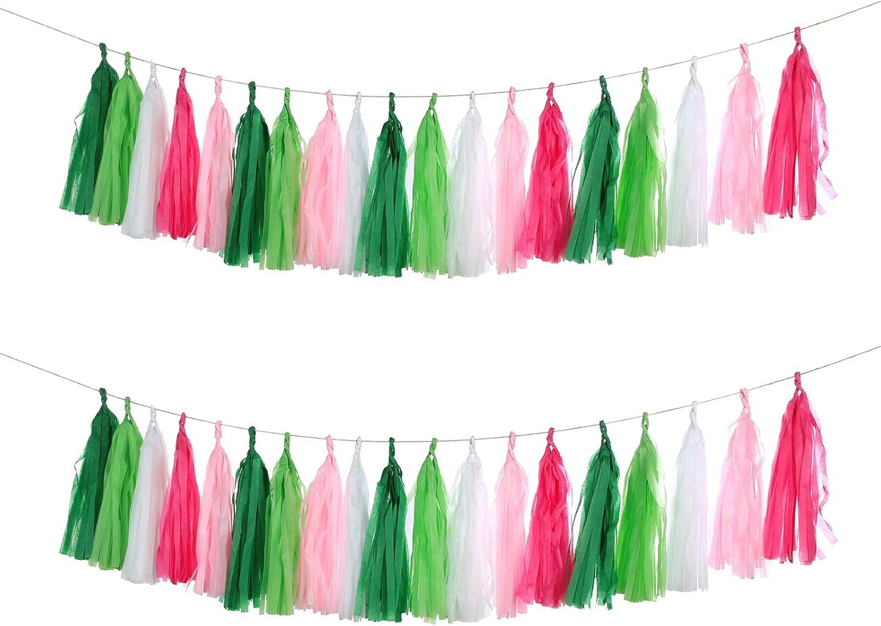 25PCS DIY Tissue Garland Hawaiian Summer Tropical Theme Decor, Hot Pink Green Banner Perfect for Baby Shower Bridal Shower Birthday Party Decorations